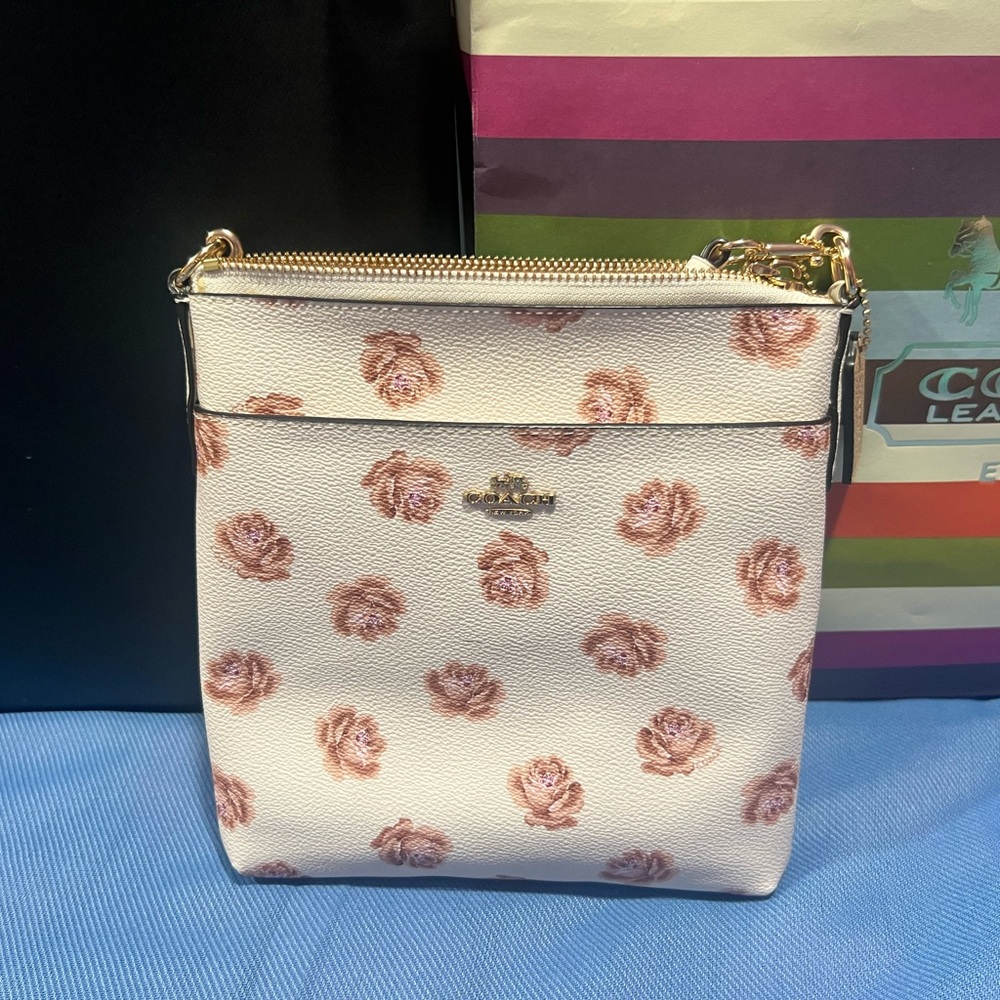 Coach Pink and White Floral Crossbody Bag with Gold Hardware
